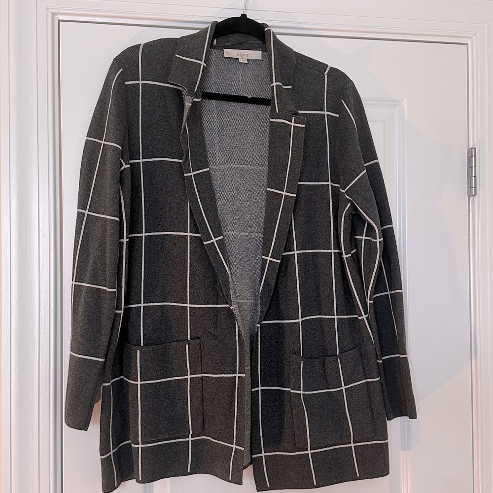 NWOT LOFT Gray grid print sweater blazer